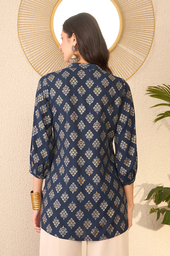 Navy Blue Cotton Blend Floral Printed Regular Top VT1373