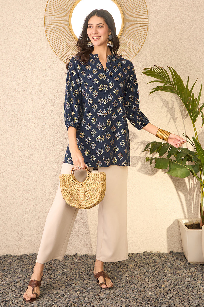 Navy Blue Cotton Blend Floral Printed Regular Top VT1373