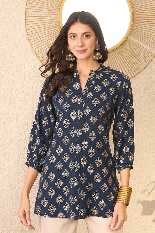 Navy Blue Cotton Blend Floral Printed Regular Top VT1373