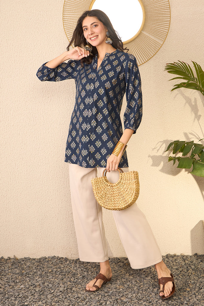 Navy Blue Cotton Blend Floral Printed Regular Top VT1373