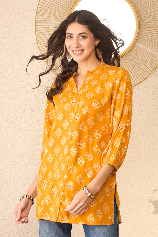 Yellow Cotton Blend Floral Printed Regular Top VT1374
