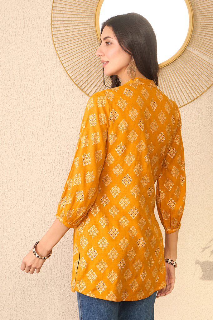 Yellow Cotton Blend Floral Printed Regular Top VT1374