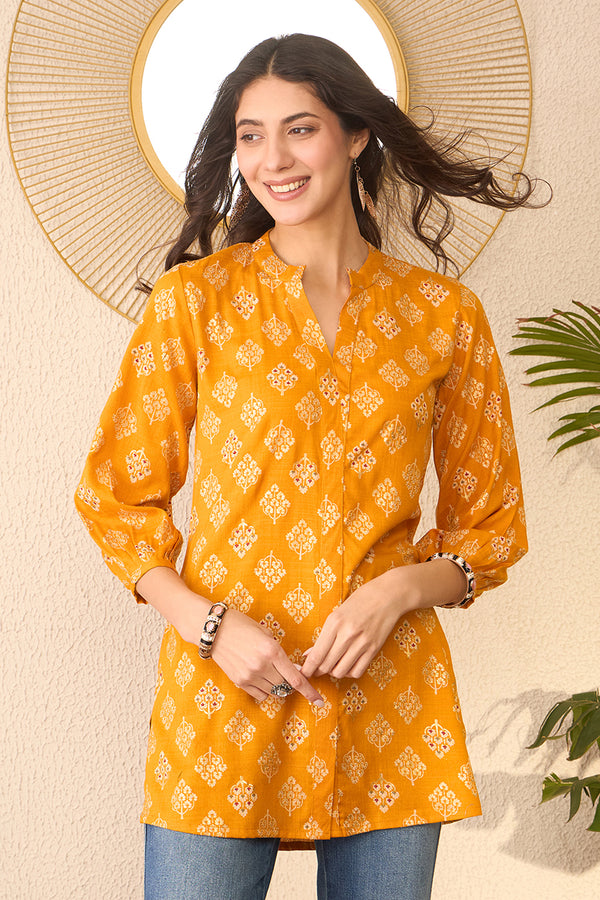 Yellow Cotton Blend Floral Printed Regular Top VT1374