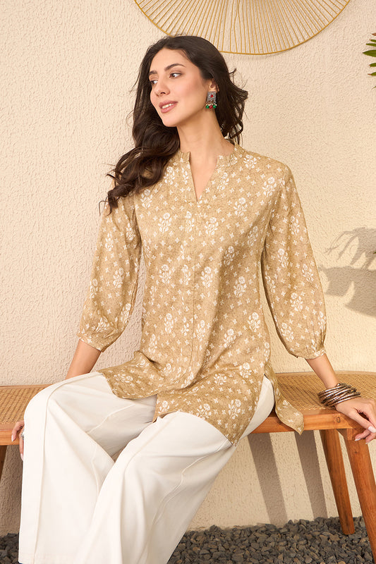 Beige Cotton Blend Floral Printed Regular Top VT1375