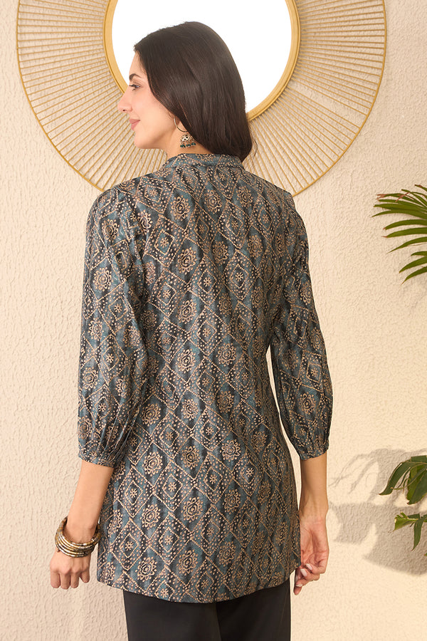 Grey Cotton Blend Ethnic Motifs Printed Regular Top VT1379