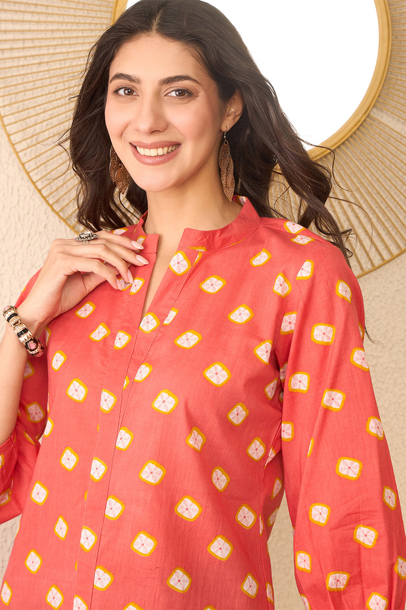 Orange Cotton Blend Shibori Printed Regular Top VT1381