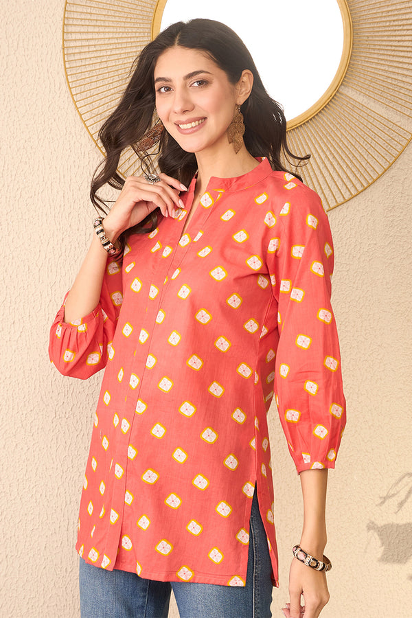 Orange Cotton Blend Shibori Printed Regular Top VT1381