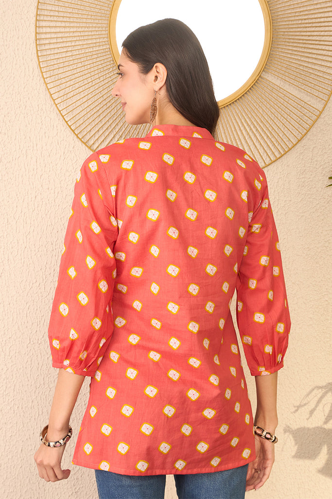 Orange Cotton Blend Shibori Printed Regular Top VT1381