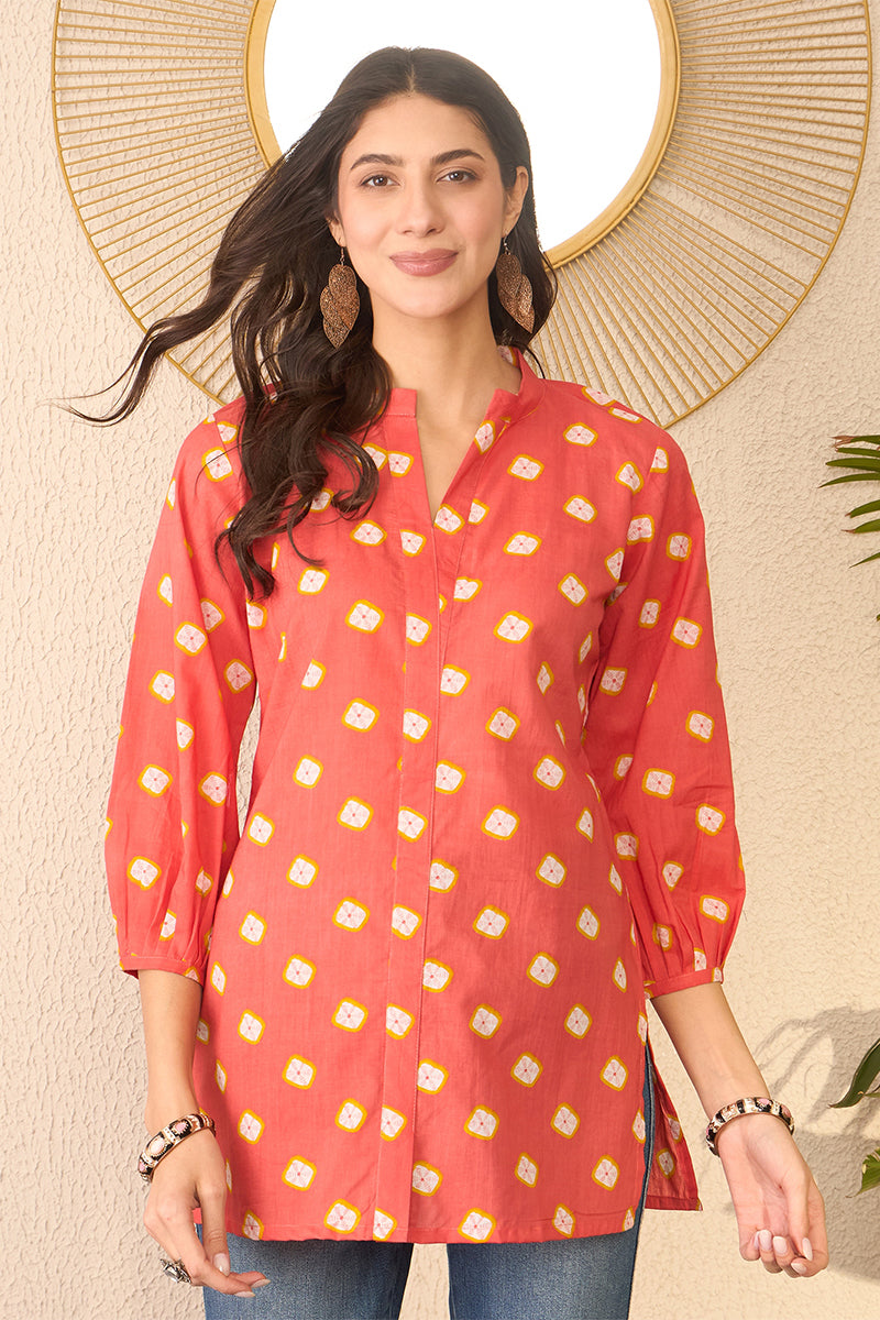 Orange Cotton Blend Shibori Printed Regular Top VT1381