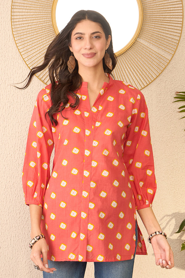 Orange Cotton Blend Shibori Printed Regular Top VT1381