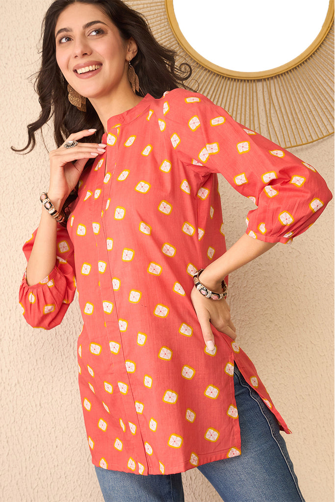 Orange Cotton Blend Shibori Printed Regular Top VT1381