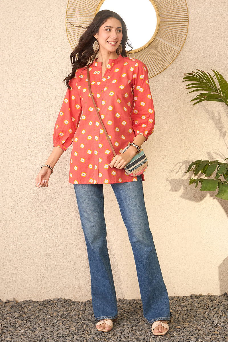 Orange Cotton Blend Shibori Printed Regular Top VT1381