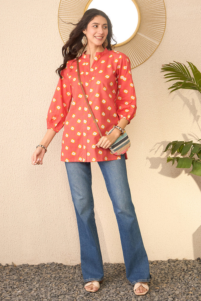 Orange Cotton Blend Shibori Printed Regular Top VT1381