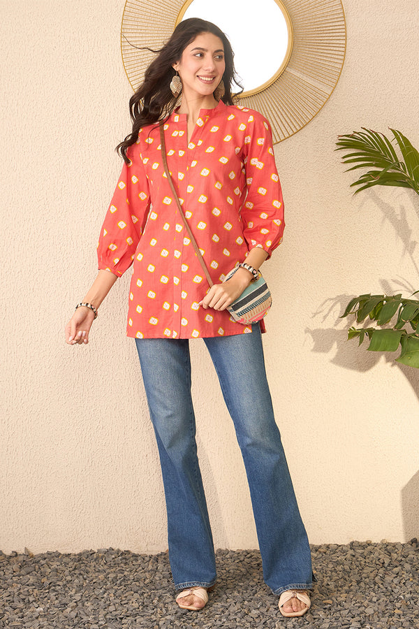 Orange Cotton Blend Shibori Printed Regular Top VT1381