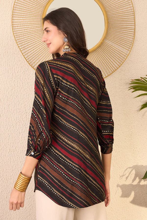 Black Cotton Blend Leheriya Printed Regular Top VT1382