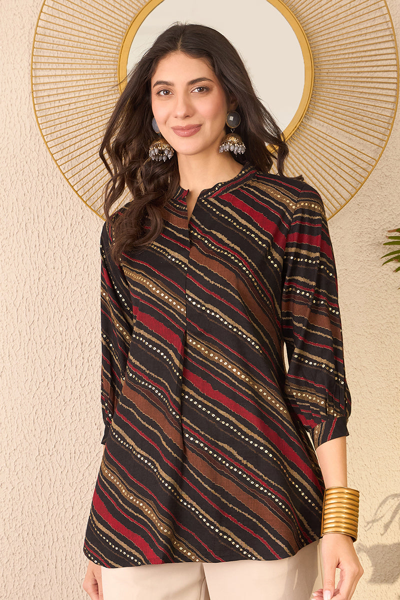 Black Cotton Blend Leheriya Printed Regular Top VT1382