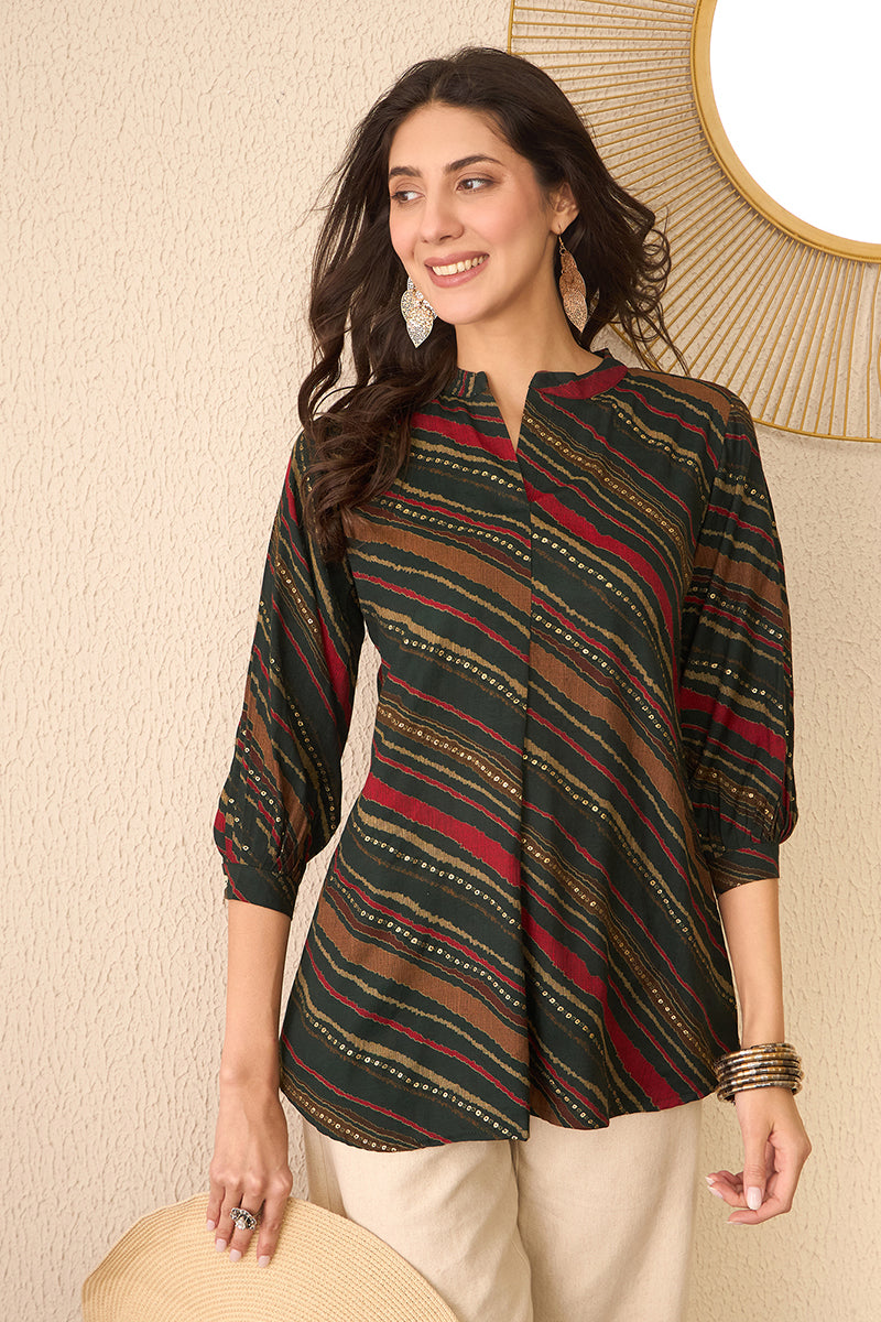 Green Cotton Blend Leheriya Printed Regular Top VT1383