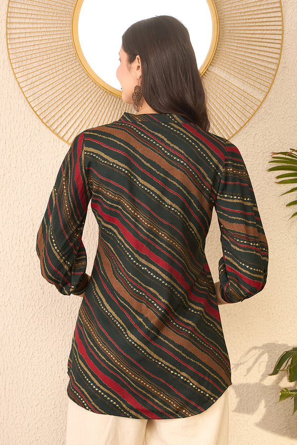 Green Cotton Blend Leheriya Printed Regular Top VT1383