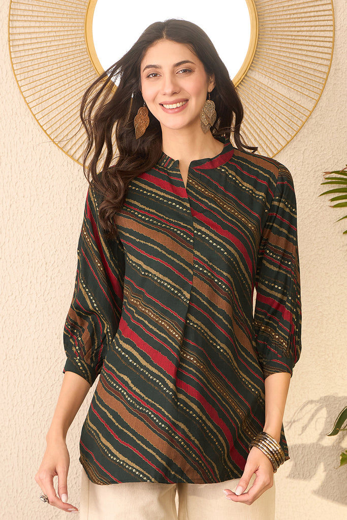 Green Cotton Blend Leheriya Printed Regular Top VT1383