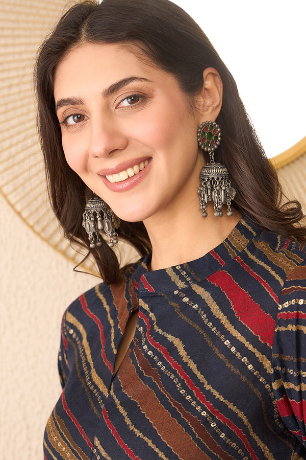 Navy Blue Cotton Blend Leheriya Printed Regular Top VT1384