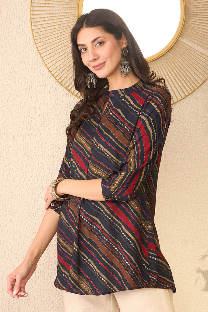Navy Blue Cotton Blend Leheriya Printed Regular Top VT1384