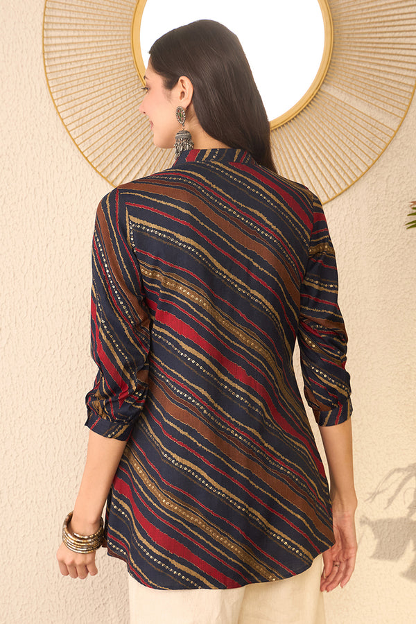 Navy Blue Cotton Blend Leheriya Printed Regular Top VT1384