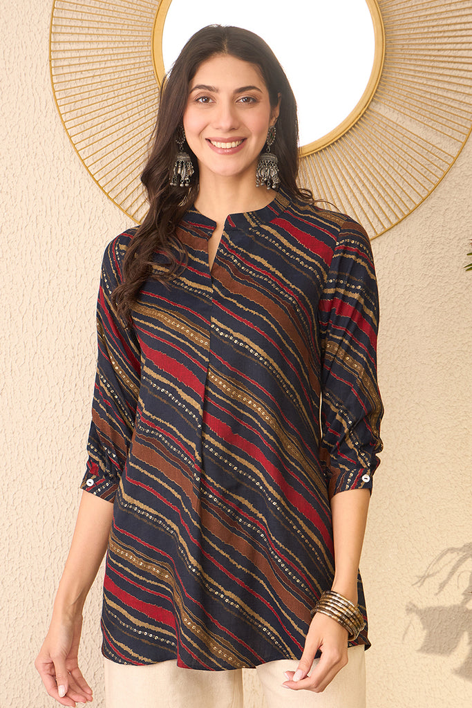 Navy Blue Cotton Blend Leheriya Printed Regular Top VT1384