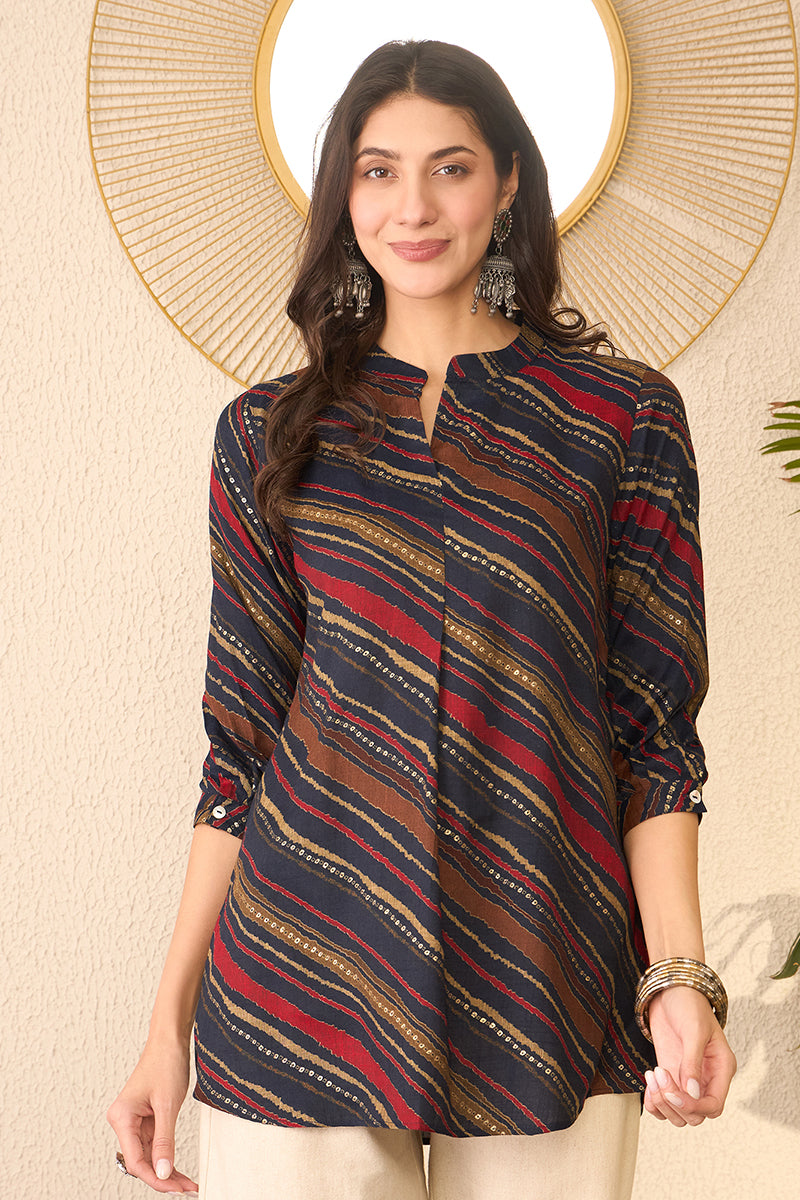 Navy Blue Cotton Blend Leheriya Printed Regular Top VT1384