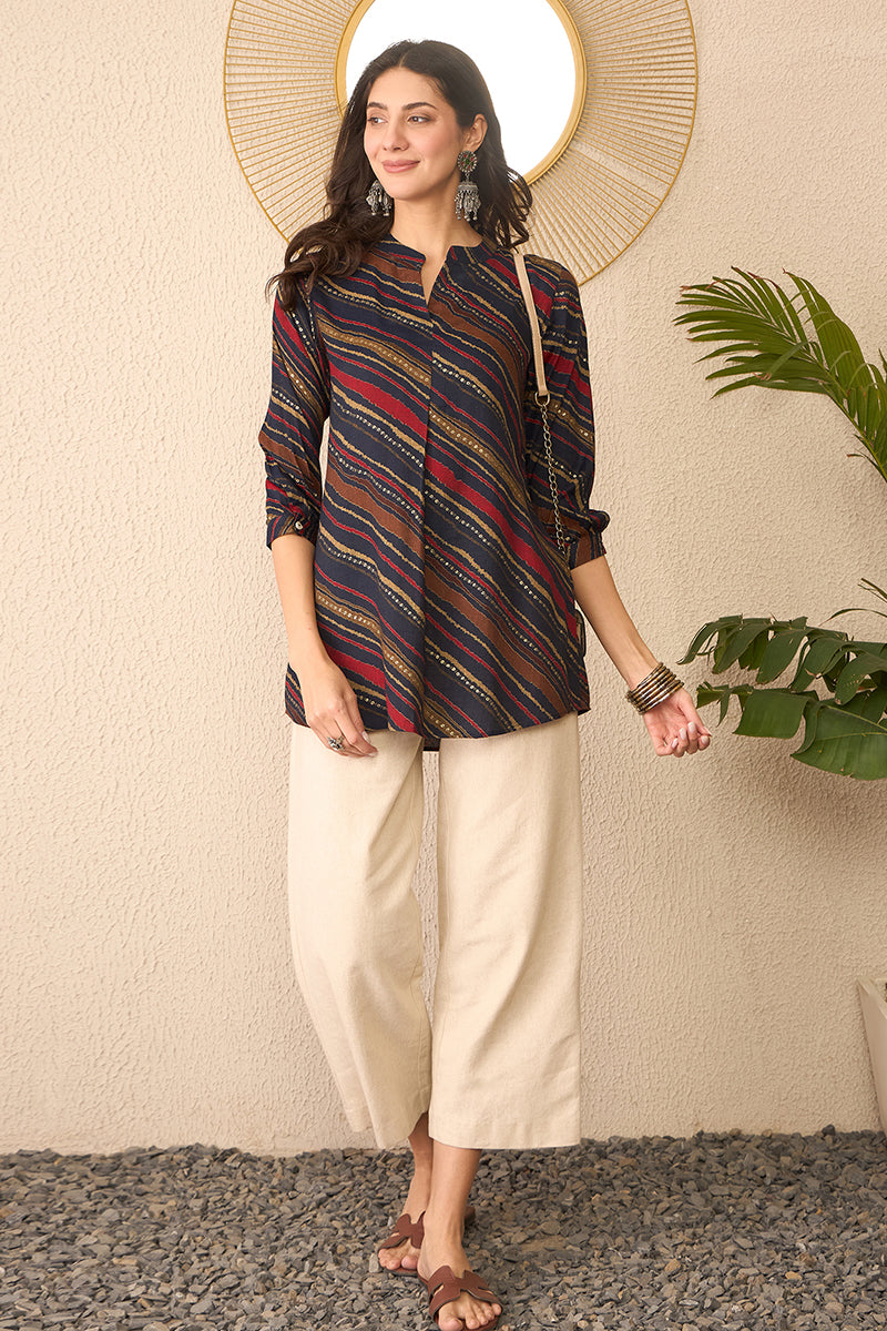 Navy Blue Cotton Blend Leheriya Printed Regular Top VT1384