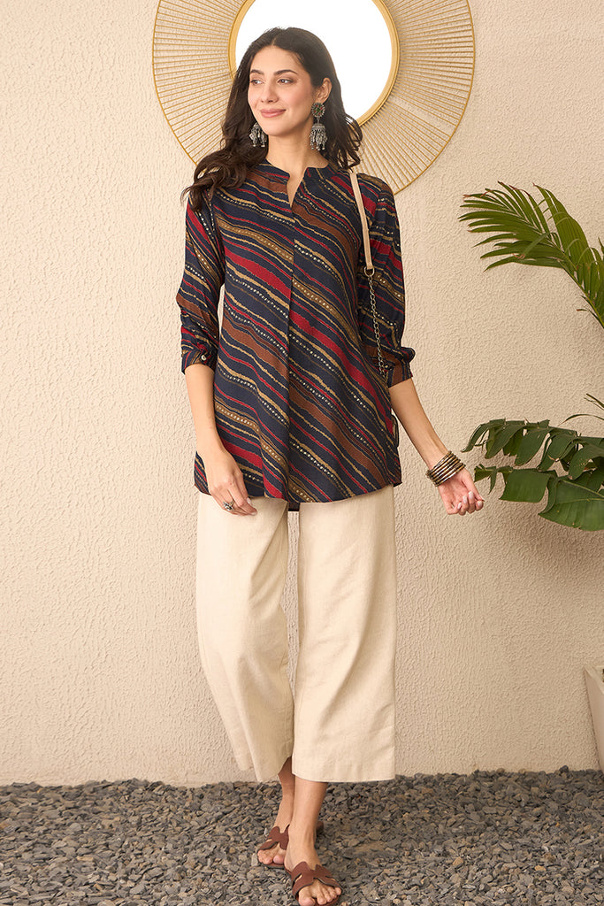 Navy Blue Cotton Blend Leheriya Printed Regular Top VT1384