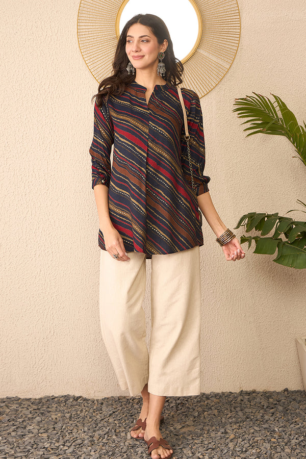 Navy Blue Cotton Blend Leheriya Printed Regular Top VT1384