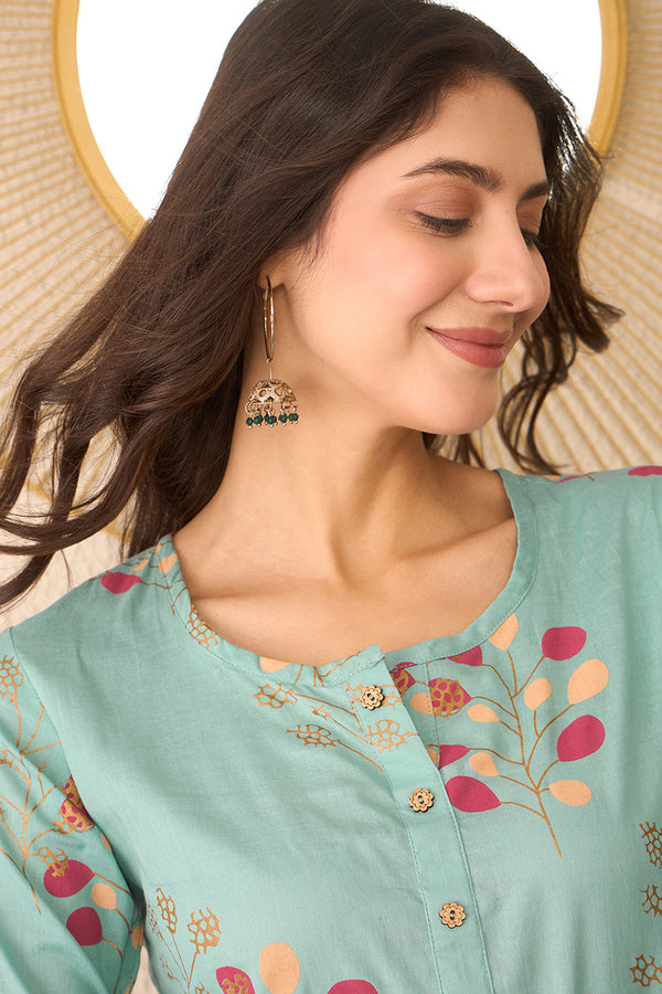 Blue Cotton Blend Floral Printed Regular Top VT1387