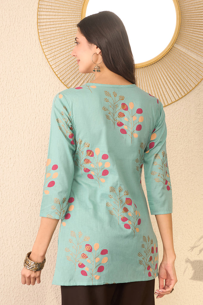 Blue Cotton Blend Floral Printed Regular Top VT1387