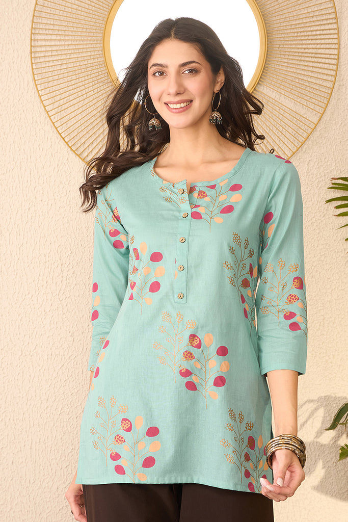 Blue Cotton Blend Floral Printed Regular Top VT1387