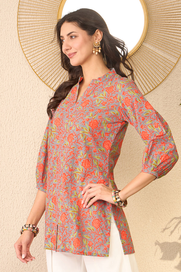 Grey Cotton Blend Floral Printed Regular Top VT1388