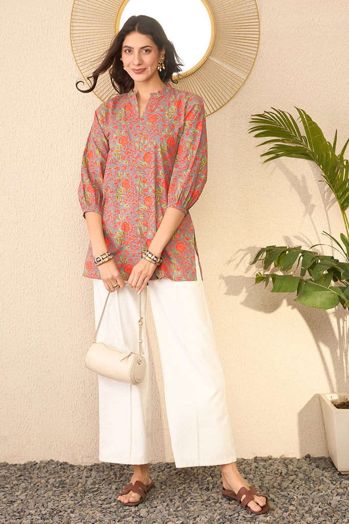 Grey Cotton Blend Floral Printed Regular Top VT1388