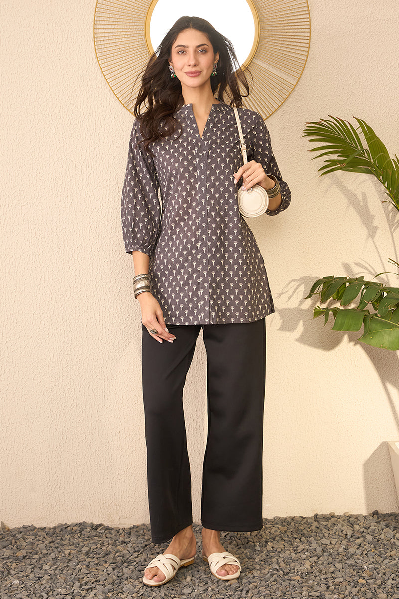 Grey Cotton Blend Floral Printed Regular Top VT1390