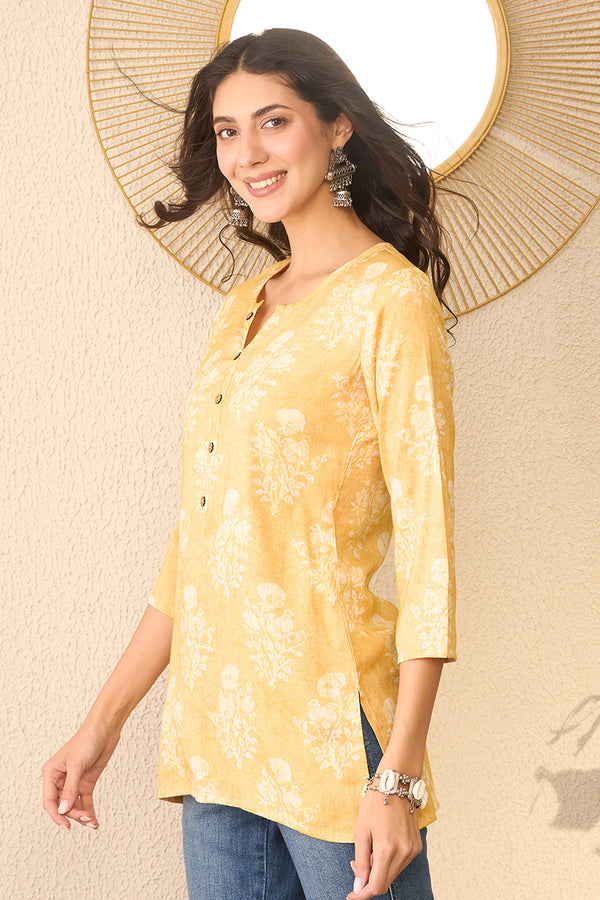Yellow Cotton Blend Floral Printed Regular Top VT1391