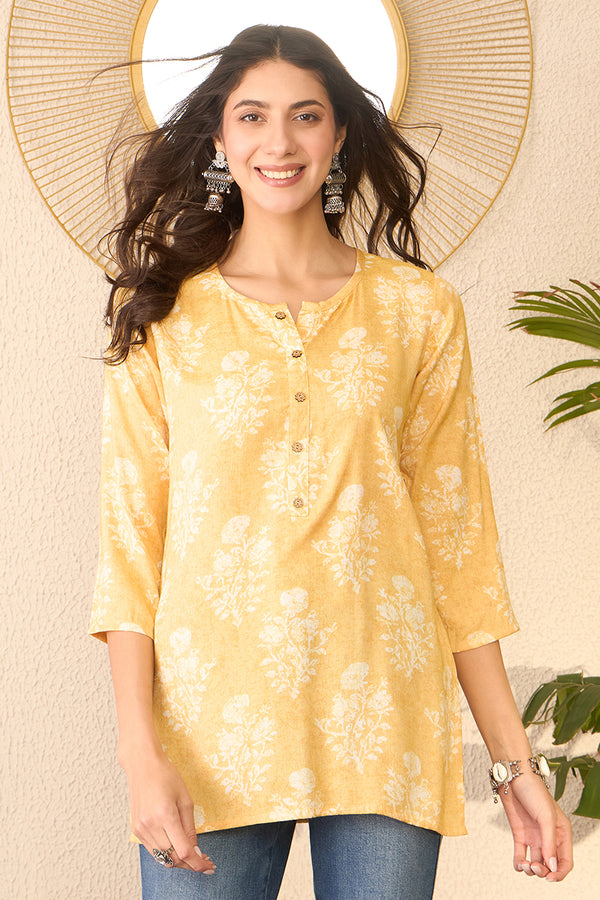 Yellow Cotton Blend Floral Printed Regular Top VT1391