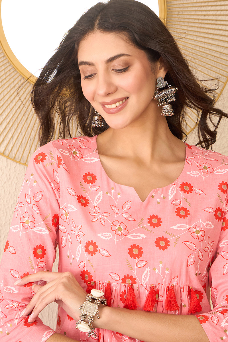 Pink Cotton Blend Floral Printed Regular Peplum Top VT1392