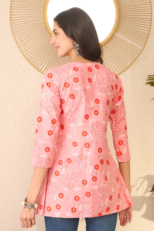 Pink Cotton Blend Floral Printed Regular Peplum Top VT1392