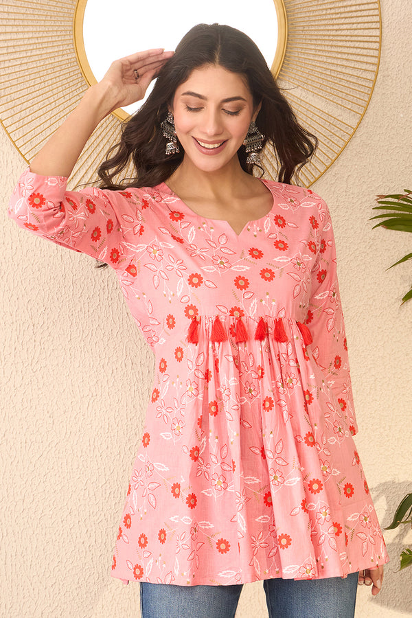 Pink Cotton Blend Floral Printed Regular Peplum Top VT1392