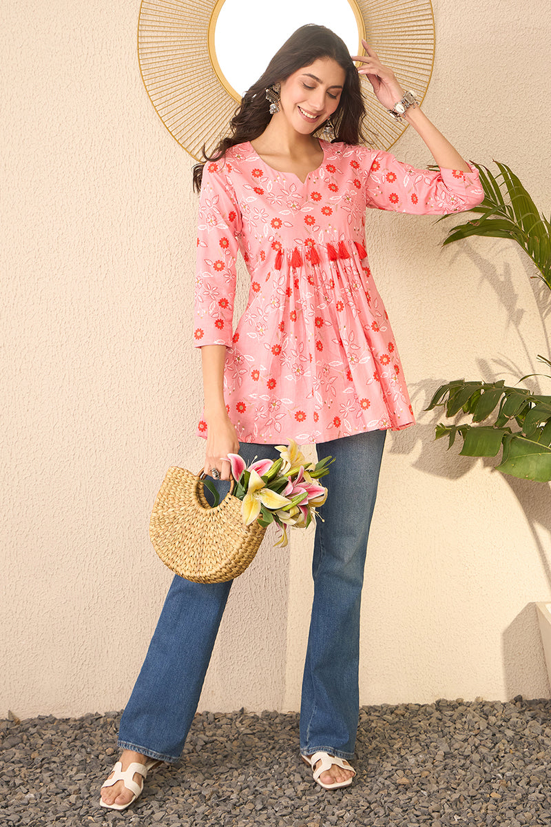 Pink Cotton Blend Floral Printed Regular Peplum Top VT1392
