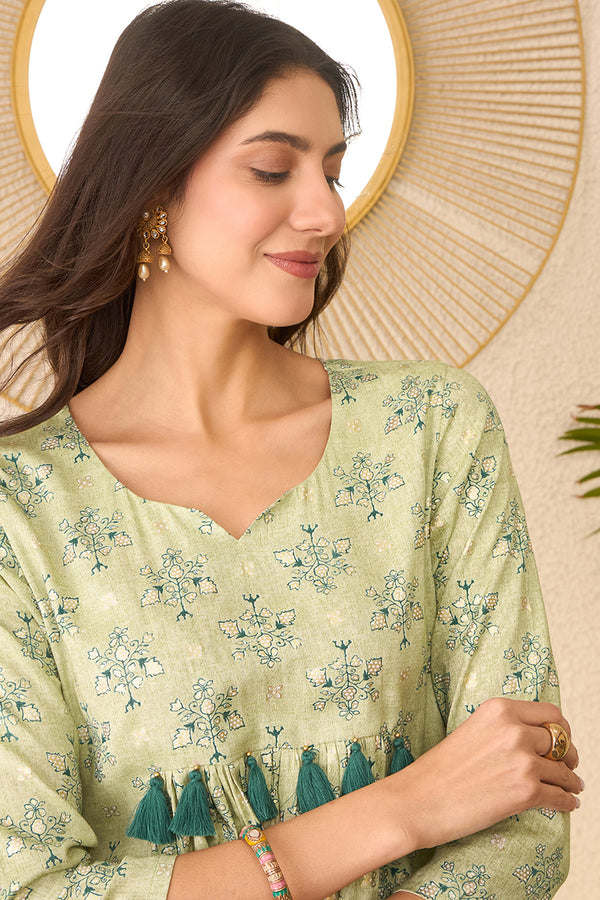 Green Rayon Blend Floral Printed Regular Peplum Top VT1393