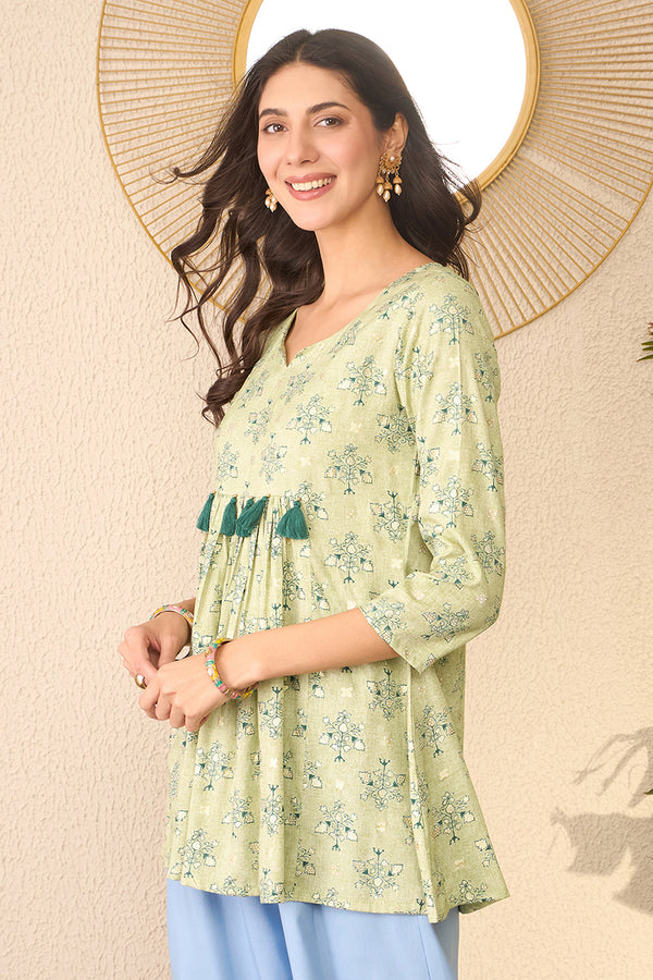 Green Rayon Blend Floral Printed Regular Peplum Top VT1393