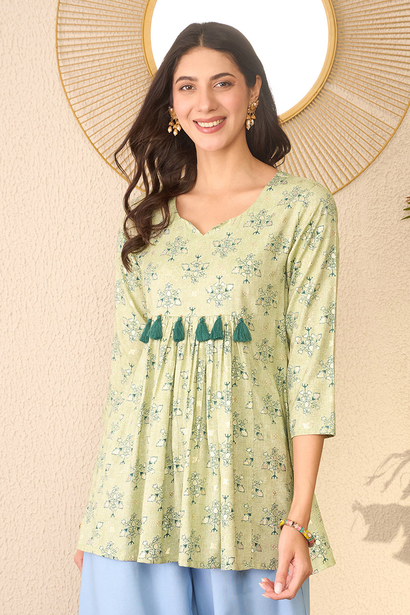 Green Rayon Blend Floral Printed Regular Peplum Top VT1393