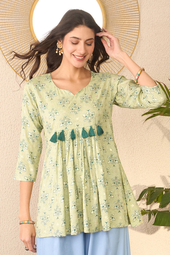 Green Rayon Blend Floral Printed Regular Peplum Top VT1393