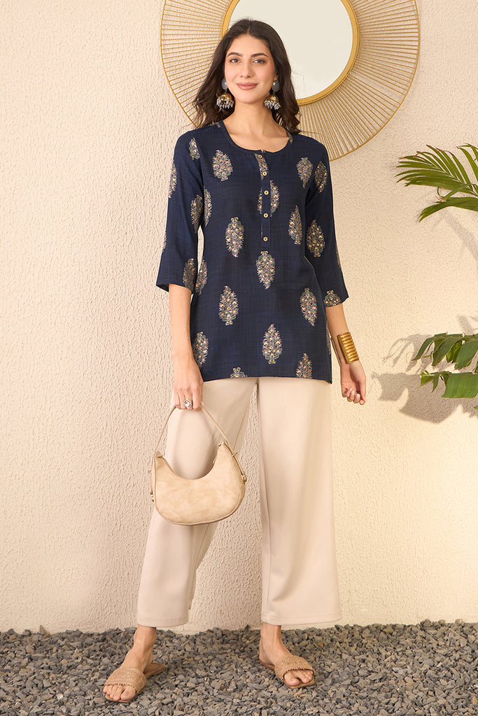 Navy Blue Cotton Blend Floral Printed Regular Top VT1395