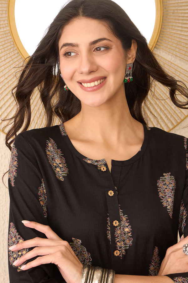 Black Cotton Blend Floral Printed Regular Top VT1396