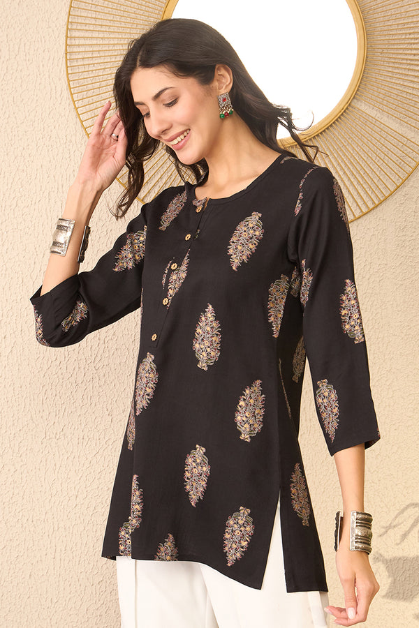 Black Cotton Blend Floral Printed Regular Top VT1396